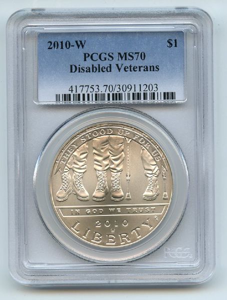 2010 W $1 Disabled Veterans Silver Commemorative Dollar PCGS MS70