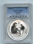 2016 P $1 Australia Silver 1oz Monkey PCGS MS69
