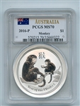 2016 P $1 Australia Silver 1oz Monkey PCGS MS70 Flag