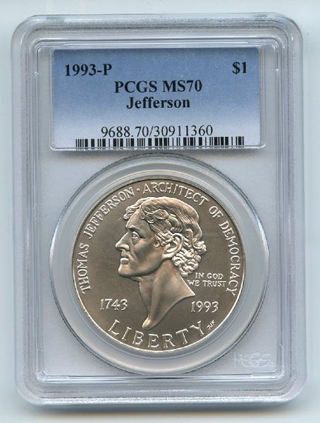 1993 P $1 Jefferson Silver Commemorative Dollar PCGS MS70