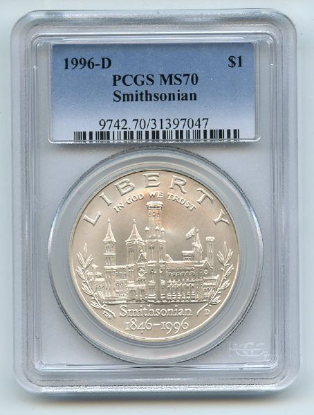 1996 D $1 Smithsonian Silver Commemorative Dollar PCGS MS70