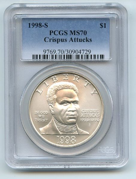 1998 S $1 Black Patriots Crispus Attucks Silver Commemorative Dollar PCGS MS70