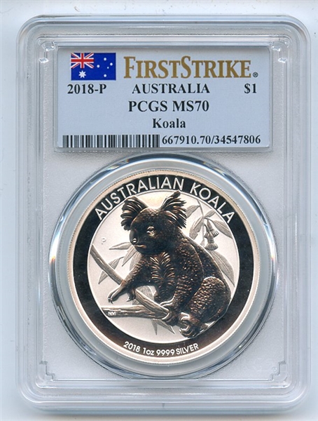 2018 P $1 Australia 1oz Silver Koala PCGS MS70 First Strike