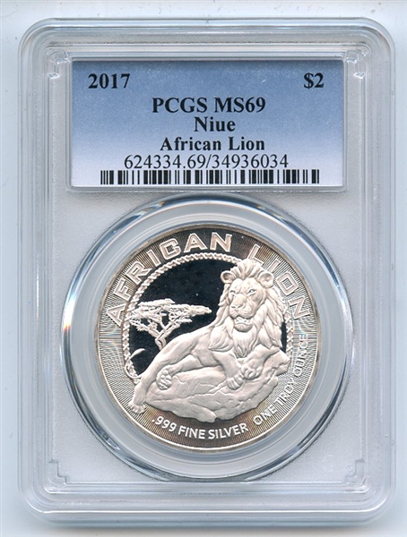2017 $2 Niue Silver 1 oz African Lion PCGS MS69