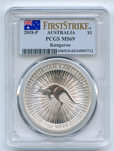 2018 P 1 oz Silver Australian Kangaroo PCGS MS69 First Strike