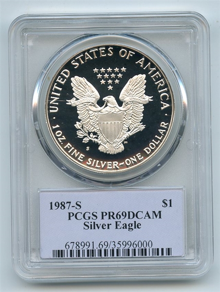 1987 S $1 Proof American Silver Eagle 1oz PCGS PR69DCAM Thomas Cleveland Native
