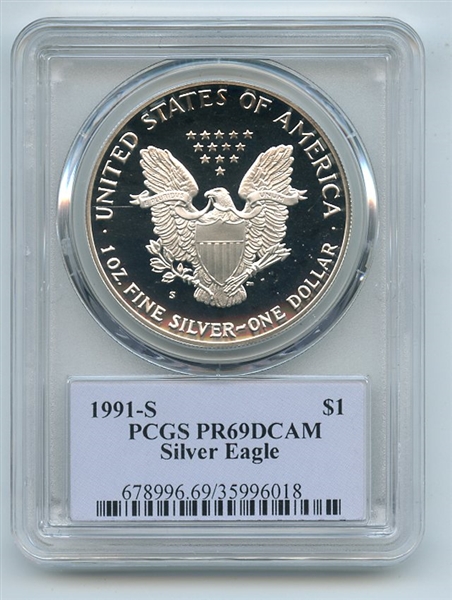1991 S $1 Proof American Silver Eagle 1oz PCGS PR69DCAM Thomas Cleveland Native