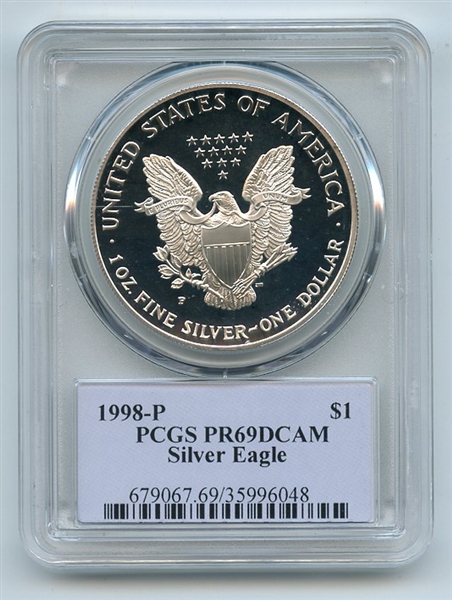 1998 P $1 Proof American Silver Eagle 1oz PCGS PR69DCAM Thomas Cleveland Native