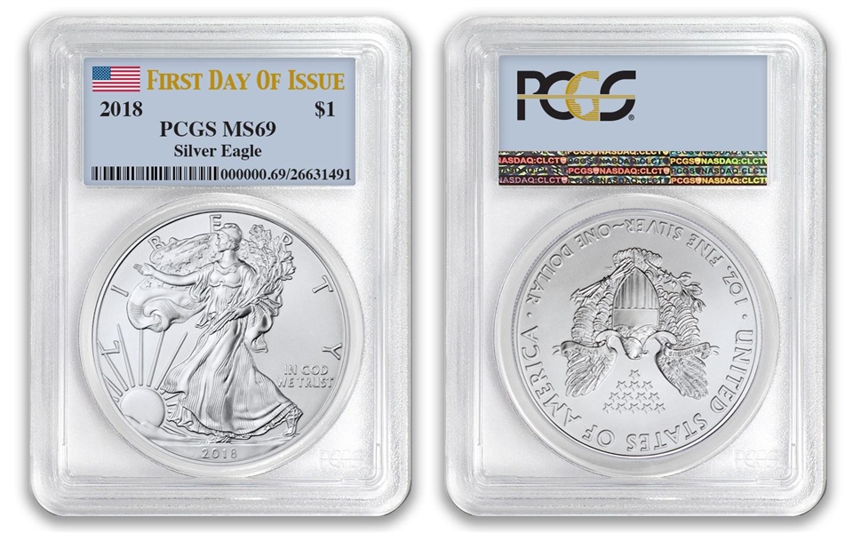 2018 $1 American Silver Eagle Dollar PCGS MS69 First Day of Issue FDOI