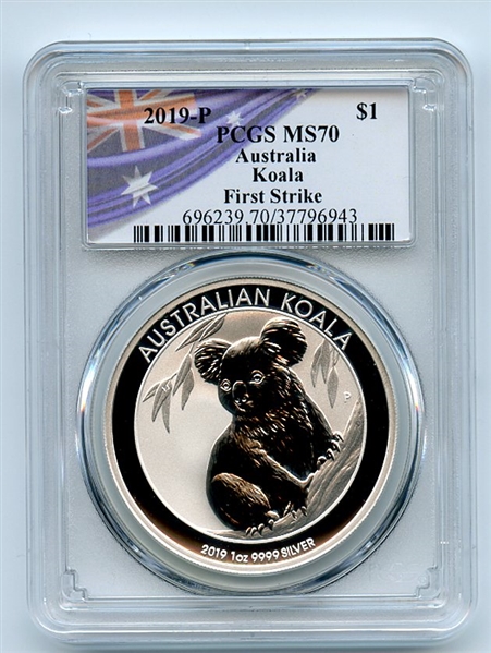 2019 P $1 Australia 1oz Silver Koala PCGS MS70 First Strike Flag