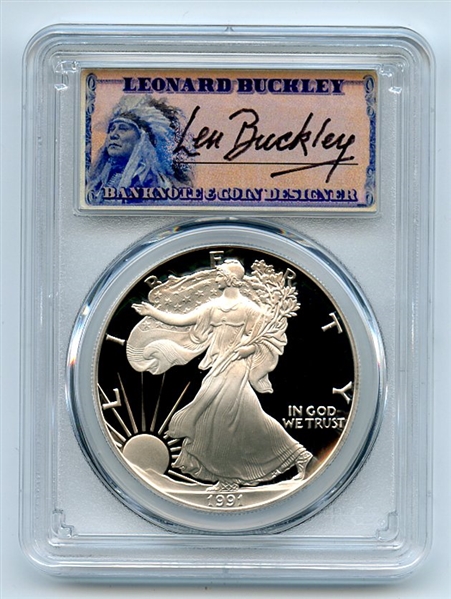 1991 S $1 Proof American Silver Eagle 1oz PCGS PR70DCAM Leonard Buckley