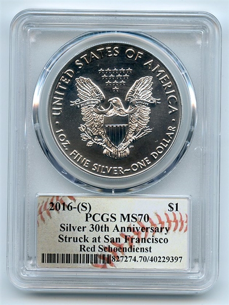 2016 (S) $1 American Silver Eagle 1oz PCGS MS70 Red Scheondienst