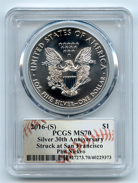2016 (S) $1 American Silver Eagle 1oz PCGS MS70 Phil Niekro