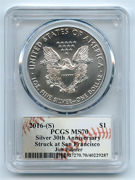 2016 (S) $1 American Silver Eagle 1oz PCGS MS70 Jim Palmer