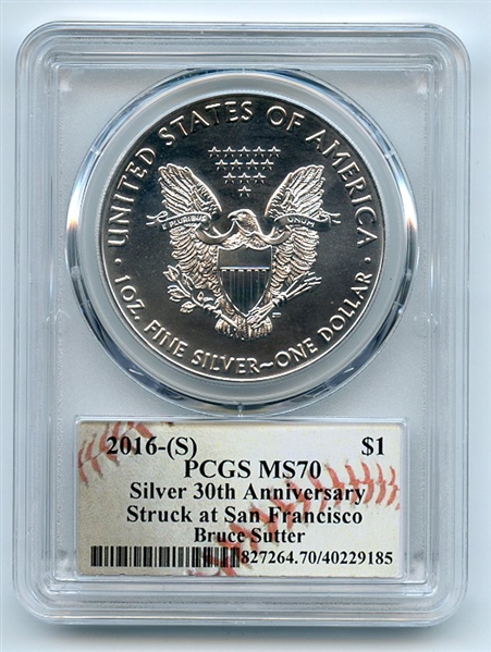 2016 (S) $1 American Silver Eagle 1oz PCGS MS70 Bruce Sutter
