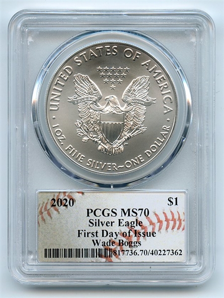 2020 $1 American Silver Eagle 1oz PCGS MS70 FDOI Wade Boggs