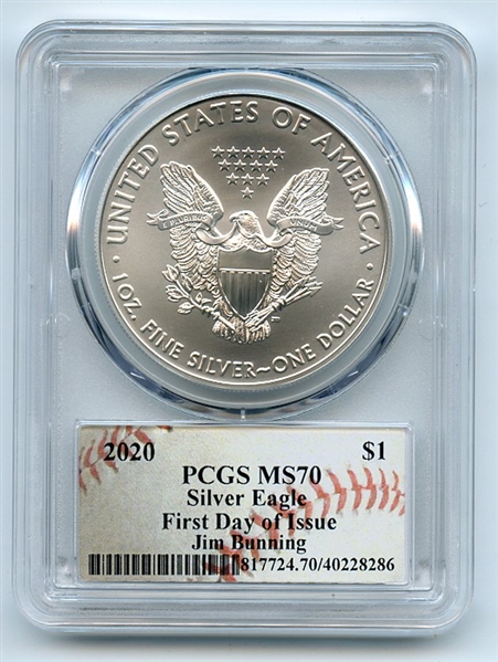 2020 $1 American Silver Eagle 1oz PCGS MS70 FDOI Jim Bunning