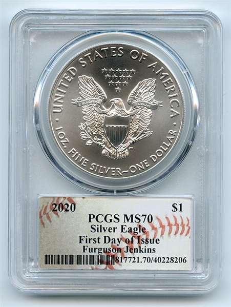 2020 $1 American Silver Eagle 1oz PCGS MS70 FDOI Fergie Jenkins