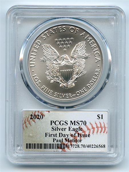 2020 $1 American Silver Eagle 1oz PCGS MS70 FDOI Paul Molitor