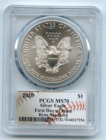 2020 $1 American Silver Eagle 1oz PCGS MS70 FDOI Ryne Sandberg