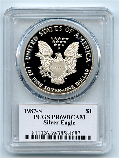 1987 S $1 Proof American Silver Eagle 1oz PCGS PR69DCAM Leonard Buckley