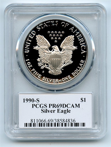 1990 S $1 Proof American Silver Eagle 1oz PCGS PR69DCAM Leonard Buckley