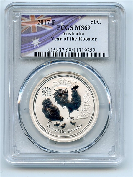 2017 P 50C Silver 1/2 oz Australia Year of the Rooster Half Dollar PCGS MS69