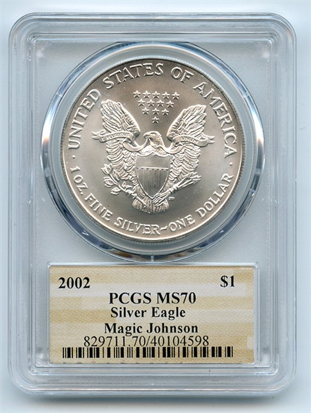 2002 $1 American Silver Eagle 1oz Dollar PCGS MS70 Magic Johnson