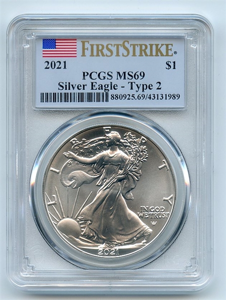 2021 $1 American Silver Eagle 1oz Type 2 PCGS MS69 First Strike