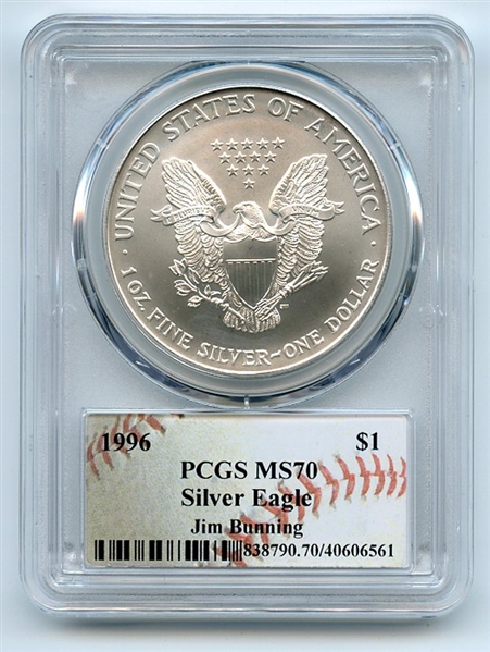 1996 $1 American Silver Eagle Dollar 1oz PCGS MS70 Jim Bunning