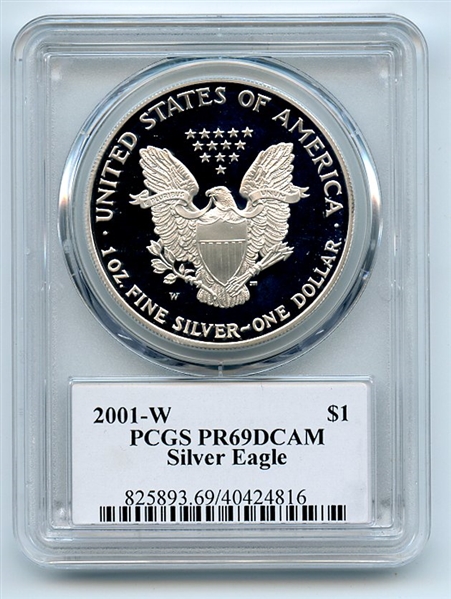 2001 W $1 Proof American Silver Eagle 1oz PCGS PR69DCAM Thomas Cleveland Arrows
