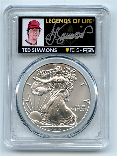 2020 $1 American Silver Eagle 1oz PCGS MS70 FS Legends of Life Ted Simmons