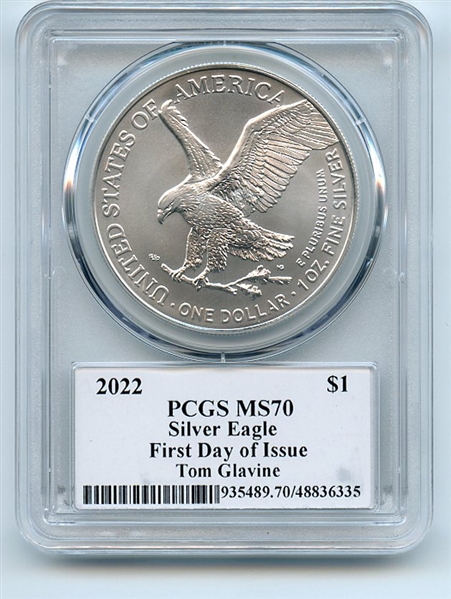 2022 $1 American Silver Eagle 1oz PCGS MS70 FDOI Legends of Life Tom Glavine