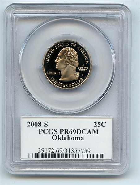 2008 S 25C Clad Oklahoma Quarter PCGS PR69DCAM