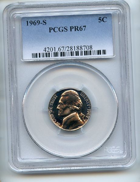 1969 S 5C Jefferson Nickel PCGS PR67