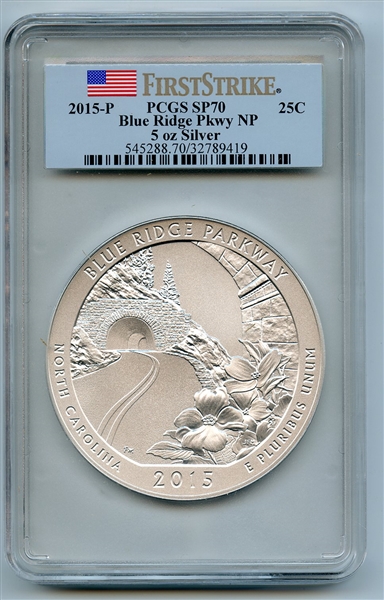 2015 P 25C 5oz Silver Blue Ridge Parkway Quarter PCGS SP70 First Strike