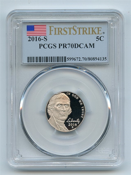 2016 S 5C Jefferson Nickel PCGS PR70DCAM First Strike