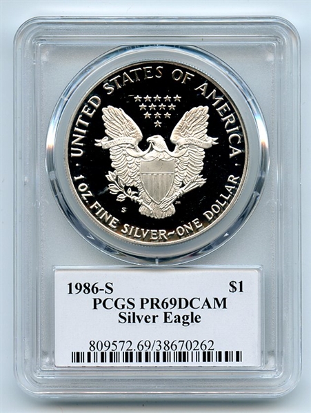 1986 S $1 Proof American Silver Eagle 1oz PCGS PR69DCAM Thomas Cleveland Eagle