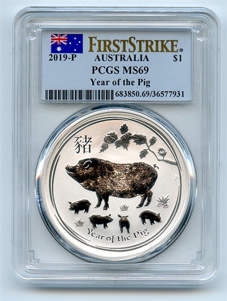 2019 P $1 Australia Silver Lunar Year of the Pig PCGS MS69 First Strike