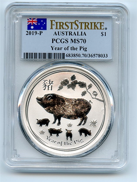 2019 P $1 Australia Silver Lunar Year of the Pig PCGS MS70 First Strike