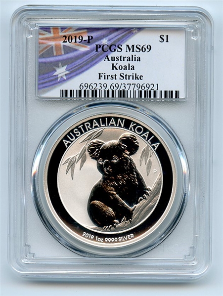 2019 P $1 Australia 1oz Silver Koala PCGS MS69 First Strike Flag
