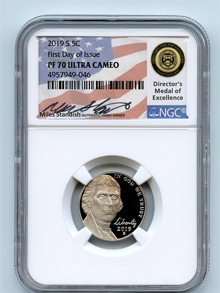 2019 S 5C Jefferson Nickel NGC PF70UCAM First Day of Issue FDOI Miles Standish