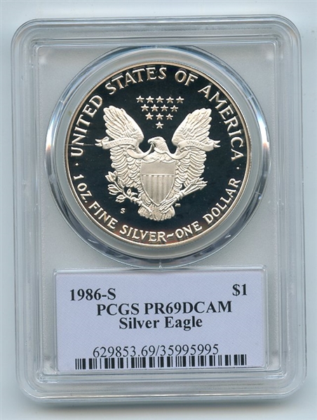 1986 S $1 Proof American Silver Eagle 1oz PCGS PR69DCAM Thomas Cleveland Native
