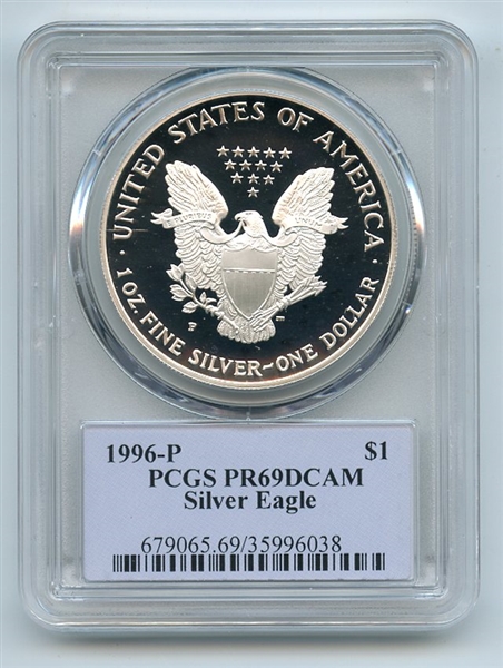 1996 P $1 Proof American Silver Eagle 1oz PCGS PR69DCAM Thomas Cleveland Native