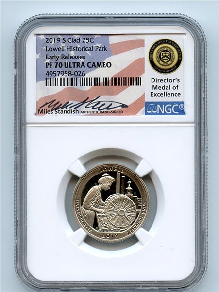 2019 S 25C Clad Lowell Quarter NGC PF70UCAM First Day Issue FDOI Miles Standish