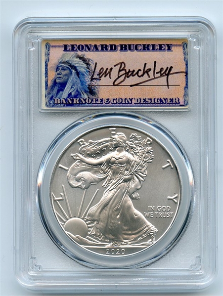 2020 $1 American Silver Eagle 1oz PCGS MS70 FDOI Leonard Buckley