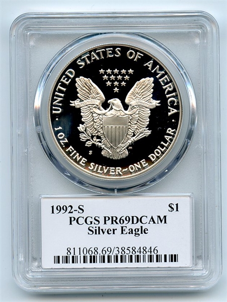 1992 S $1 Proof American Silver Eagle 1oz PCGS PR69DCAM Leonard Buckley