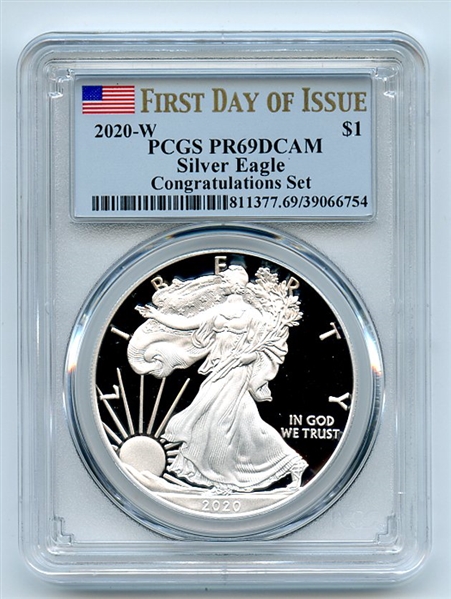 2020 W $1 Proof Silver Eagle Congratulations PCGS PR69DCAM First Day Issue FDOI