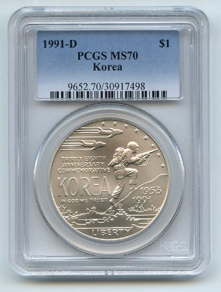 1991 D $1 Korean War Silver Commemorative Dollar PCGS MS70