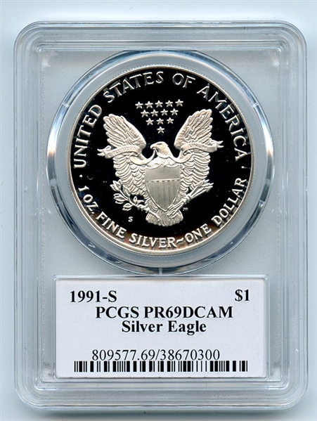 1991 S $1 Proof American Silver Eagle 1oz PCGS PR69DCAM Thomas Cleveland Eagle